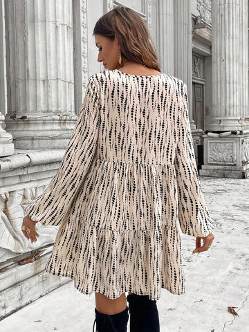 Ruffled V-Neck A-Line Casual Printed Vacation Dress, Autumn/Winter