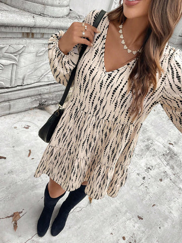 Ruffled V-Neck A-Line Casual Printed Vacation Dress, Autumn/Winter