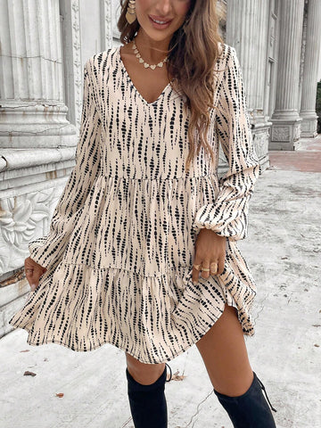 Ruffled V-Neck A-Line Casual Printed Vacation Dress, Autumn/Winter