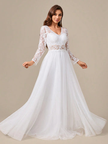 Sheer Lace Patchwork Long Sleeve Embroidered Mesh Wedding Dress With Waist Flowers