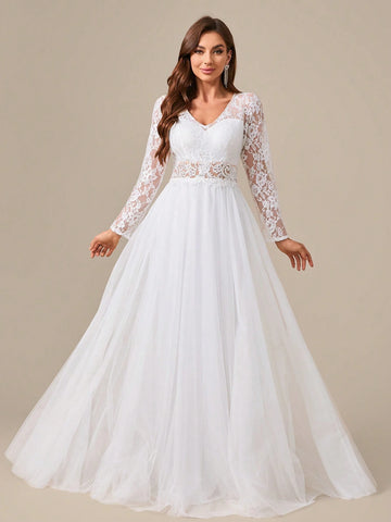 Sheer Lace Patchwork Long Sleeve Embroidered Mesh Wedding Dress With Waist Flowers