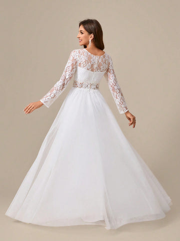 Sheer Lace Patchwork Long Sleeve Embroidered Mesh Wedding Dress With Waist Flowers