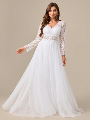 Sheer Lace Patchwork Long Sleeve Embroidered Mesh Wedding Dress With Waist Flowers