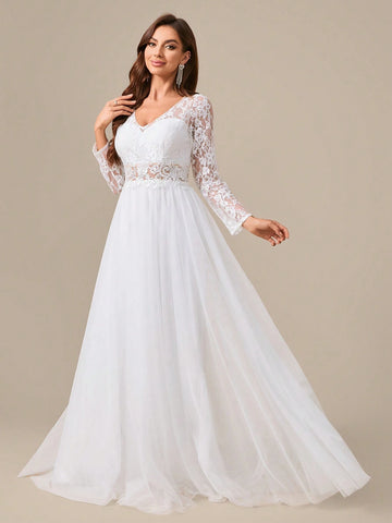 Sheer Lace Patchwork Long Sleeve Embroidered Mesh Wedding Dress With Waist Flowers
