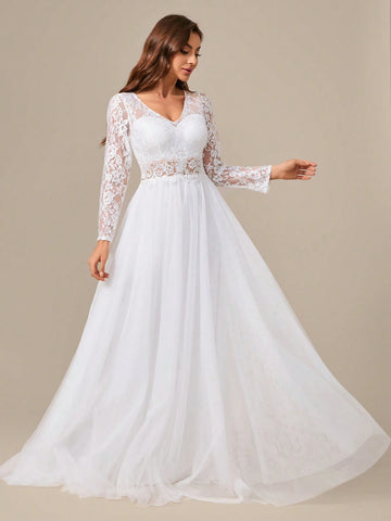 Sheer Lace Patchwork Long Sleeve Embroidered Mesh Wedding Dress With Waist Flowers