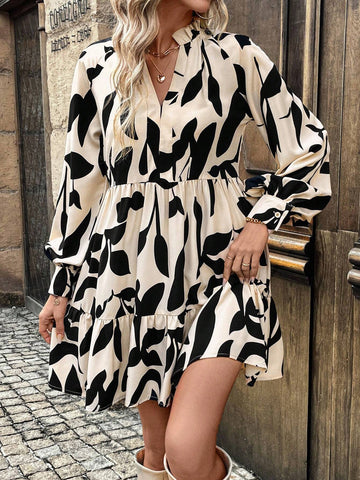 Shirred, Flounce Collar, Lantern Sleeve, A-Line, Multi-Tier Hem, Leaf Print Casual Commute Dress