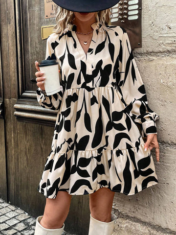 Shirred, Flounce Collar, Lantern Sleeve, A-Line, Multi-Tier Hem, Leaf Print Casual Commute Dress