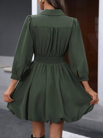 Shirred Foldover Collar Lantern Sleeve Gathered Waist A-Line Babydoll Lantern Dress, Casual &