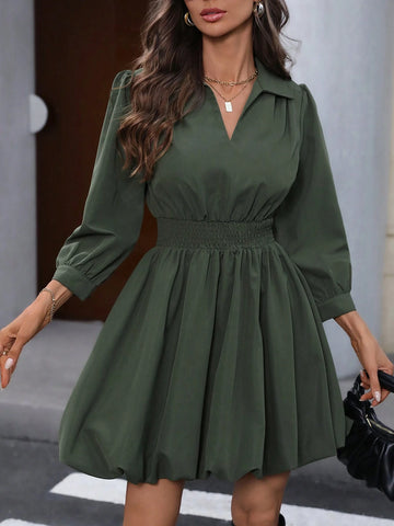 Shirred Foldover Collar Lantern Sleeve Gathered Waist A-Line Babydoll Lantern Dress, Casual &