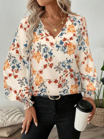 LUNE Shirred Lantern Sleeve Floral Print Casual Commute Long Sleeve Blouse For Women