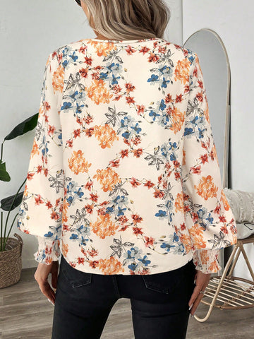 LUNE Shirred Lantern Sleeve Floral Print Casual Commute Long Sleeve Blouse For Women