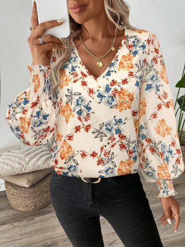 LUNE Shirred Lantern Sleeve Floral Print Casual Commute Long Sleeve Blouse For Women