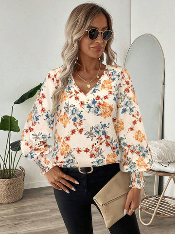 LUNE Shirred Lantern Sleeve Floral Print Casual Commute Long Sleeve Blouse For Women