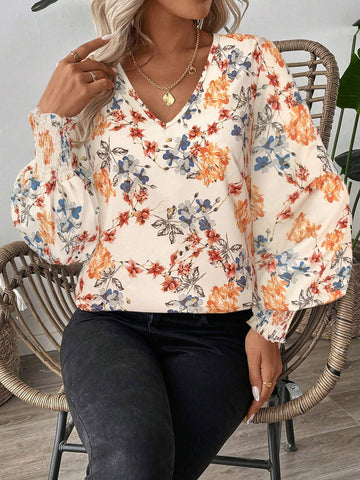 LUNE Shirred Lantern Sleeve Floral Print Casual Commute Long Sleeve Blouse For Women