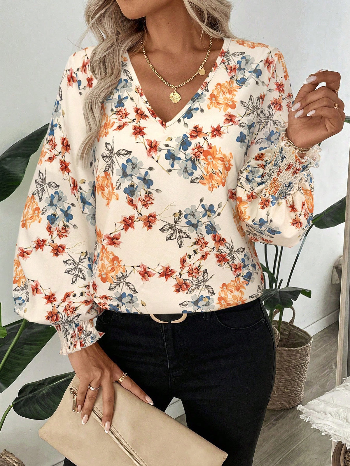 LUNE Shirred Lantern Sleeve Floral Print Casual Commute Long Sleeve Blouse For Women