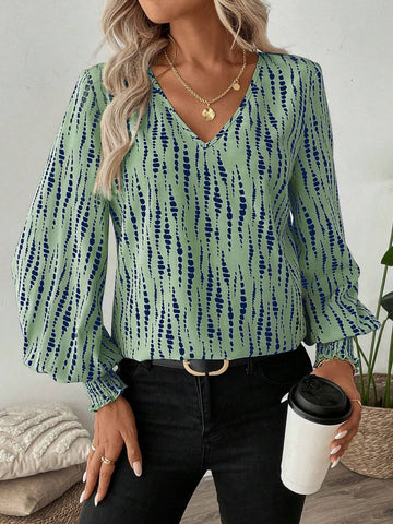 LUNE Shirred Lantern Sleeve Line & Polka Dot Print Casual/Office Wear Long Sleeve Shirt For Women