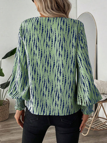 LUNE Shirred Lantern Sleeve Line & Polka Dot Print Casual/Office Wear Long Sleeve Shirt For Women