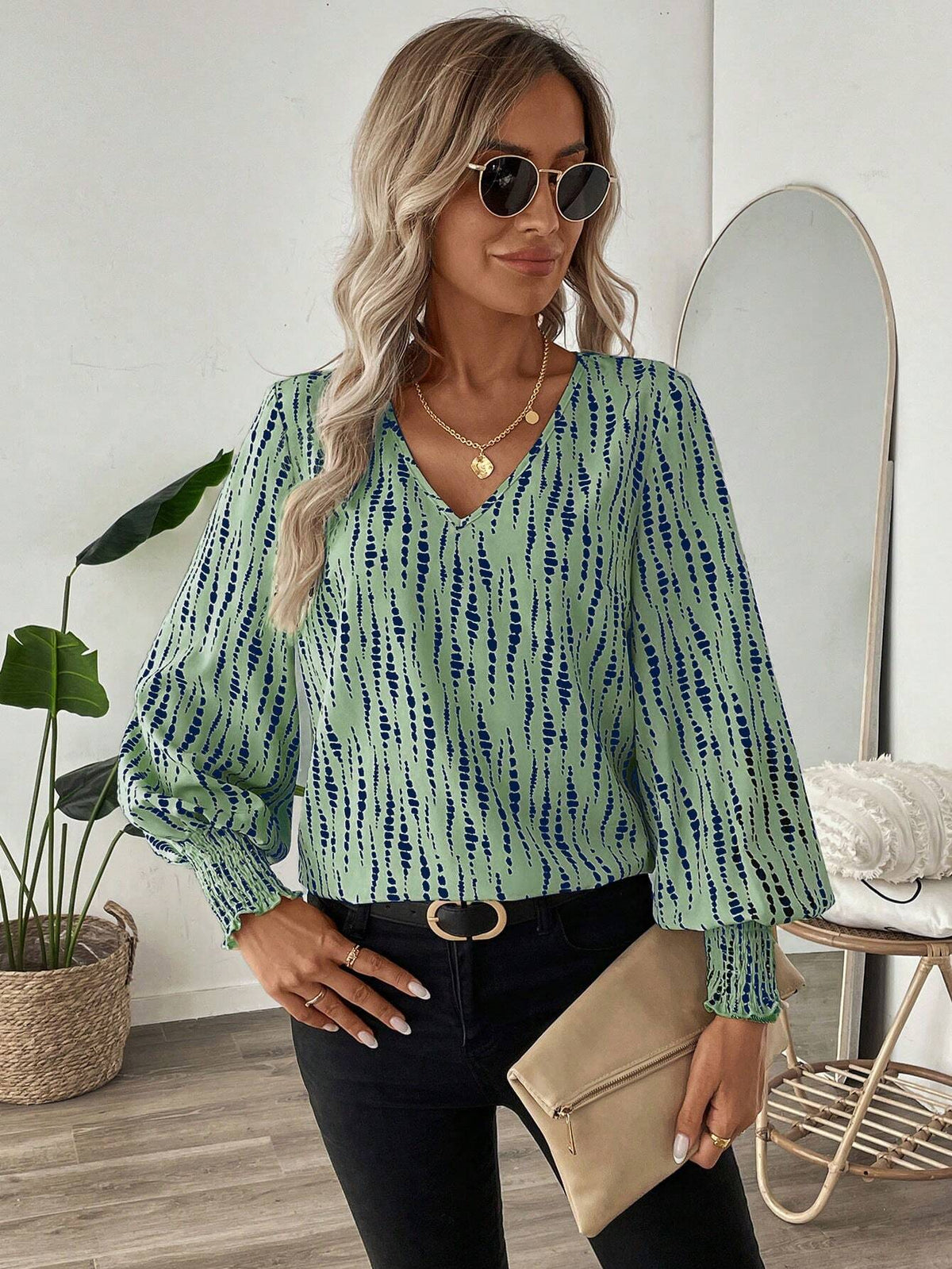 LUNE Shirred Lantern Sleeve Line & Polka Dot Print Casual/Office Wear Long Sleeve Shirt For Women