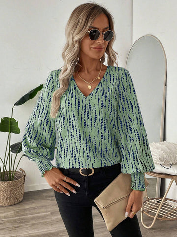 LUNE Shirred Lantern Sleeve Line & Polka Dot Print Casual/Office Wear Long Sleeve Shirt For Women