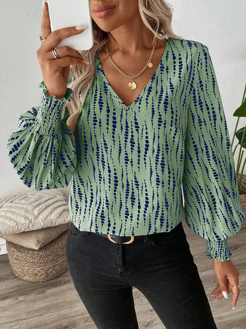 LUNE Shirred Lantern Sleeve Line & Polka Dot Print Casual/Office Wear Long Sleeve Shirt For Women