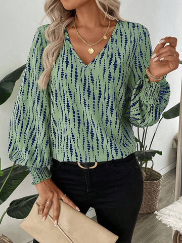 LUNE Shirred Lantern Sleeve Line & Polka Dot Print Casual/Office Wear Long Sleeve Shirt For Women