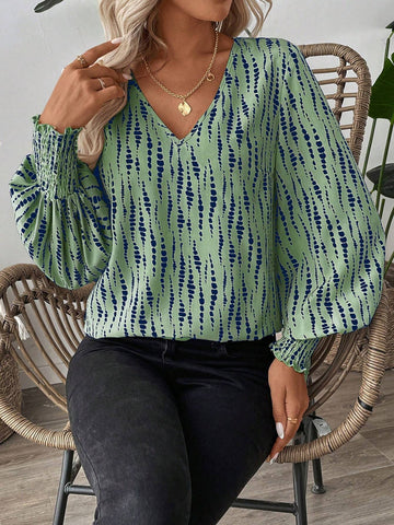 LUNE Shirred Lantern Sleeve Line & Polka Dot Print Casual/Office Wear Long Sleeve Shirt For Women