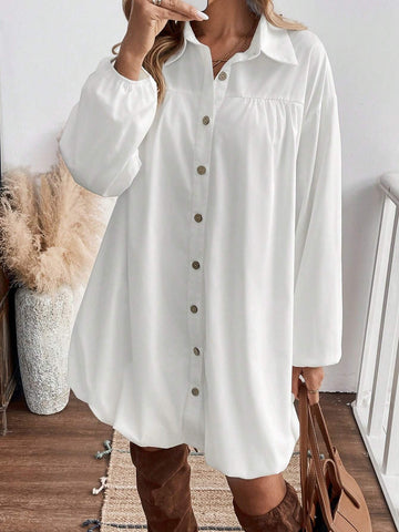 Shirt-Style Solid Color Button Front Long Sleeve Women Midi Dress