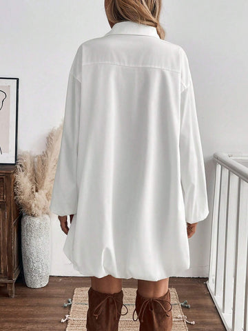 Shirt-Style Solid Color Button Front Long Sleeve Women Midi Dress