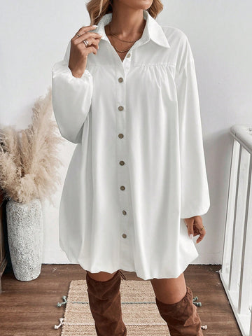Shirt-Style Solid Color Button Front Long Sleeve Women Midi Dress
