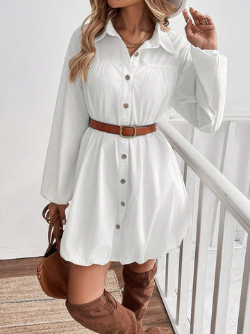 Shirt-Style Solid Color Button Front Long Sleeve Women Midi Dress