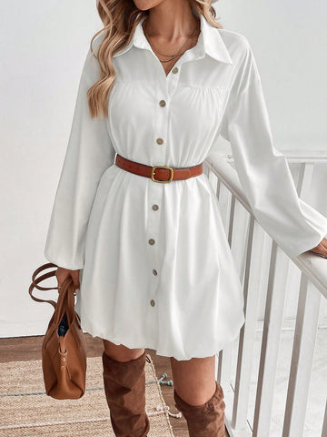 Shirt-Style Solid Color Button Front Long Sleeve Women Midi Dress
