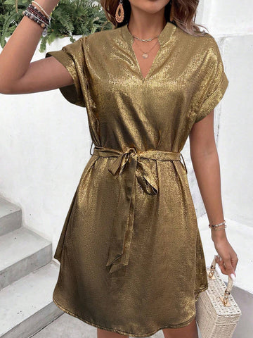 Short-Sleeved Golden Dress With V-Neck Cut-Out Design