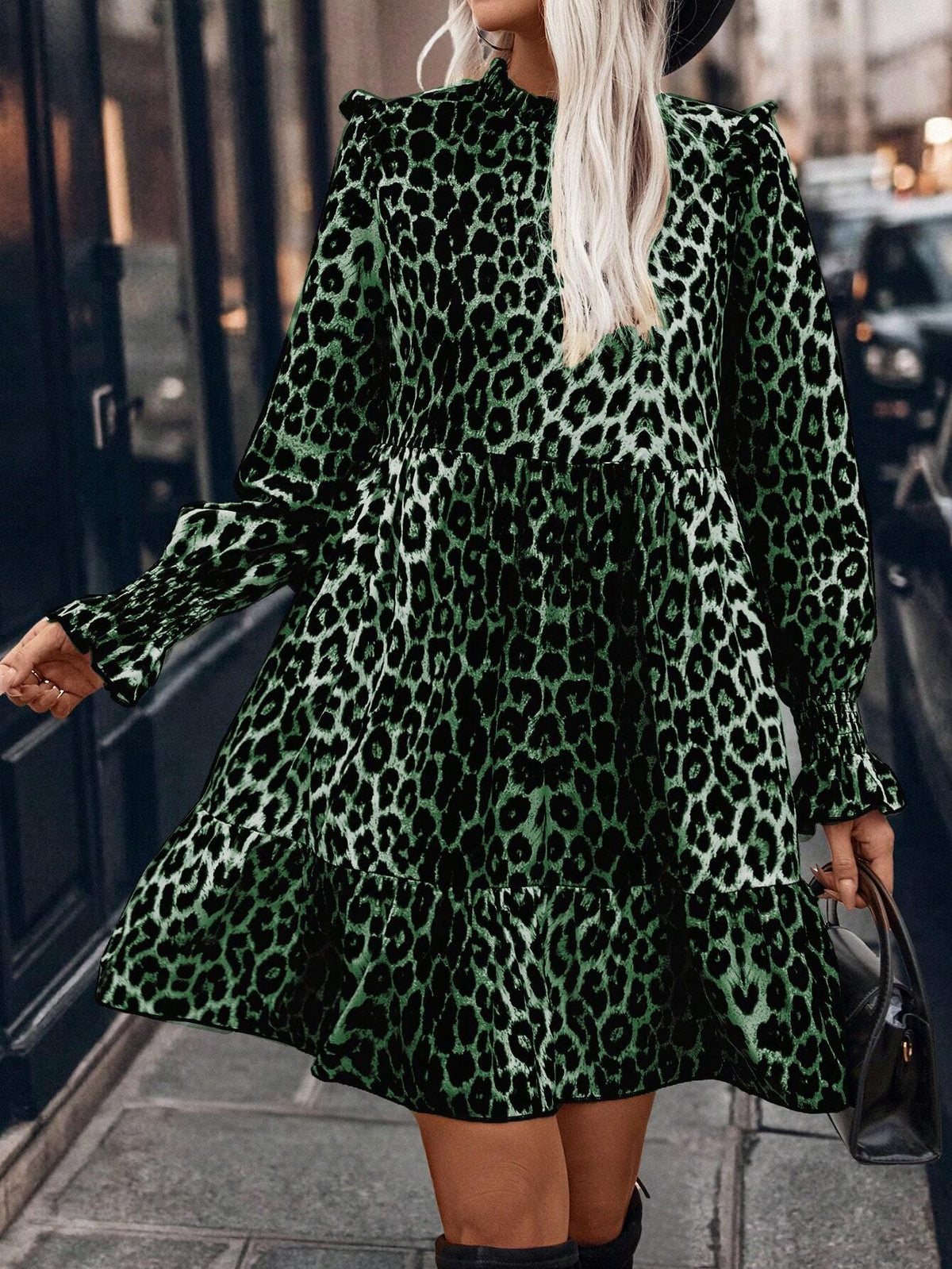 Short Leopard Print Long Sleeve Ruched & Frill Trim Simple Casual Dress