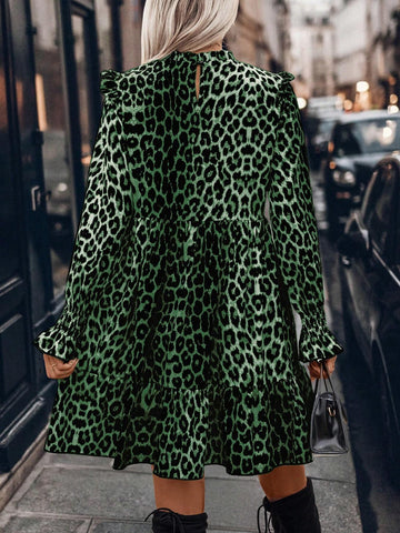 Short Leopard Print Long Sleeve Ruched & Frill Trim Simple Casual Dress