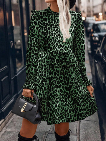 Short Leopard Print Long Sleeve Ruched & Frill Trim Simple Casual Dress