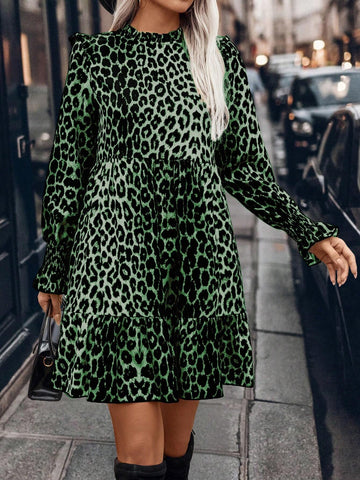 Short Leopard Print Long Sleeve Ruched & Frill Trim Simple Casual Dress