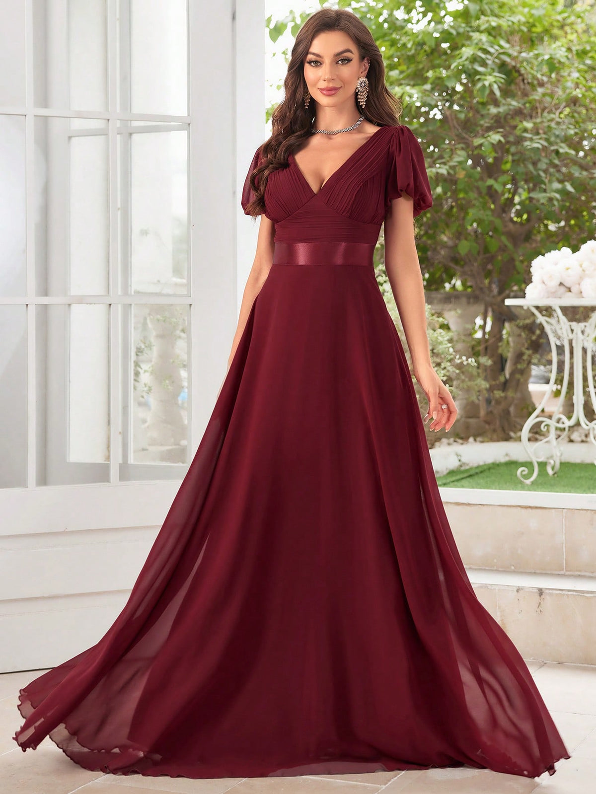 Short Sleeve Pleated Chiffon Bridesmaid Dress