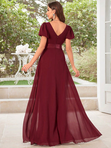 Short Sleeve Pleated Chiffon Bridesmaid Dress