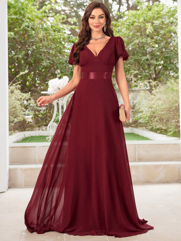 Short Sleeve Pleated Chiffon Bridesmaid Dress