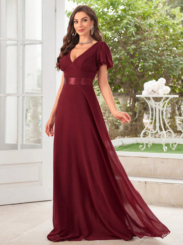 Short Sleeve Pleated Chiffon Bridesmaid Dress