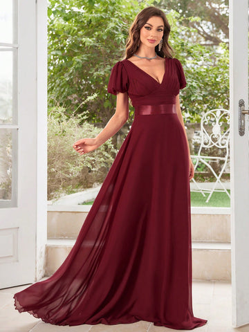 Short Sleeve Pleated Chiffon Bridesmaid Dress