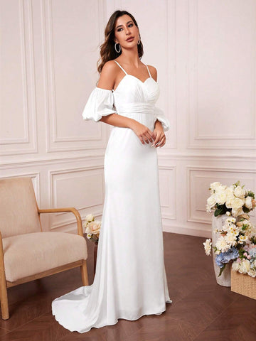Silk Off-The-Shoulder Strappy Mermaid Style Wedding Gown