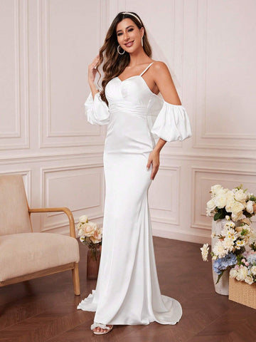 Silk Off-The-Shoulder Strappy Mermaid Style Wedding Gown