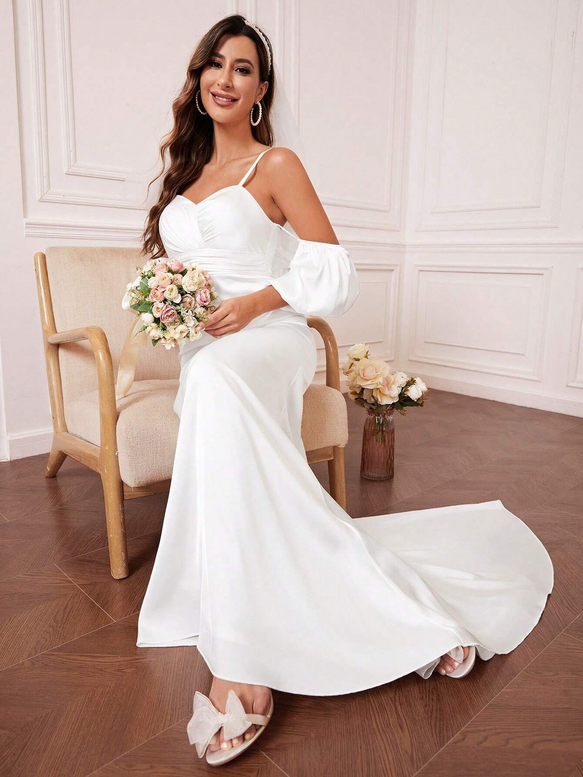 Silk Off-The-Shoulder Strappy Mermaid Style Wedding Gown