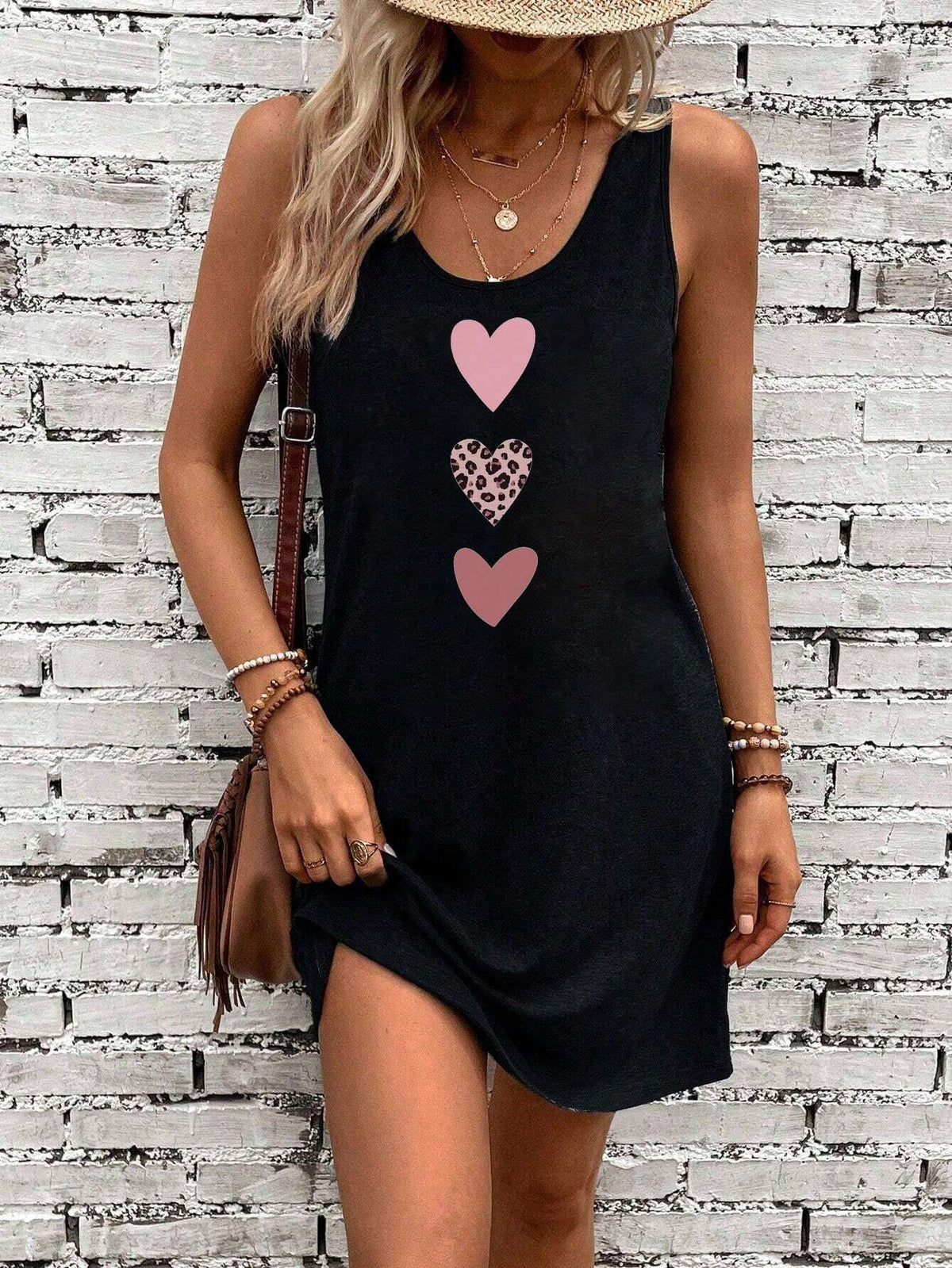 Simple Heart Print Casual Sleeveless Dress, Perfect For Summer