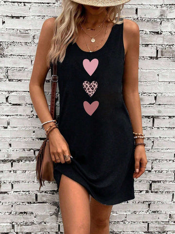 Simple Heart Print Casual Sleeveless Dress, Perfect For Summer