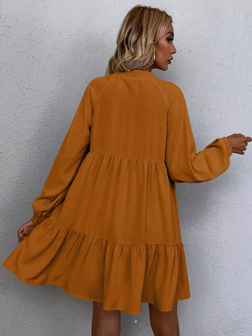 Simple Solid Color Lantern Sleeve Cutout Neck Casual Dress, Autumn