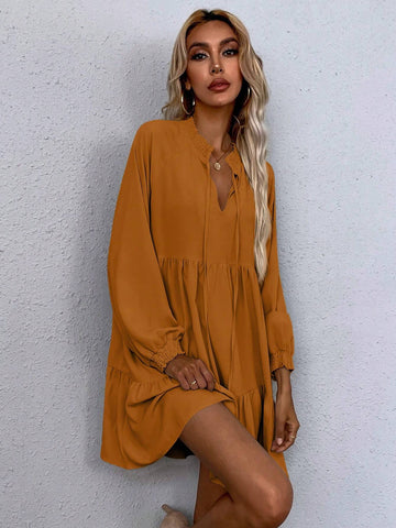 Simple Solid Color Lantern Sleeve Cutout Neck Casual Dress, Autumn