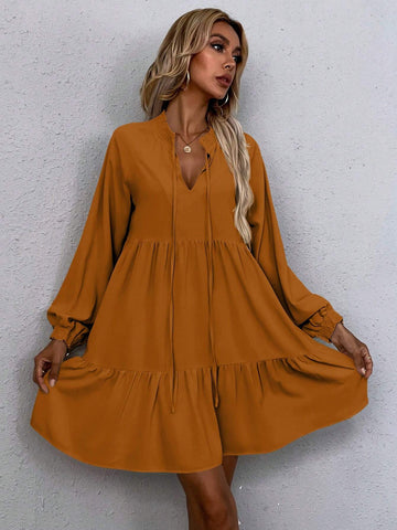 Simple Solid Color Lantern Sleeve Cutout Neck Casual Dress, Autumn
