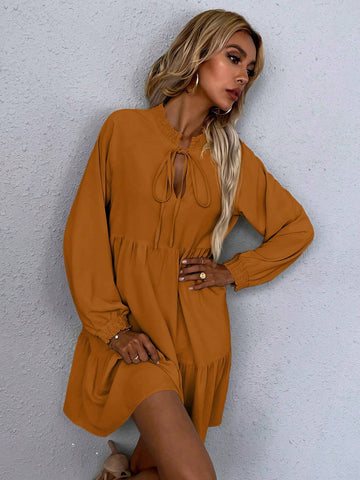 Simple Solid Color Lantern Sleeve Cutout Neck Casual Dress, Autumn